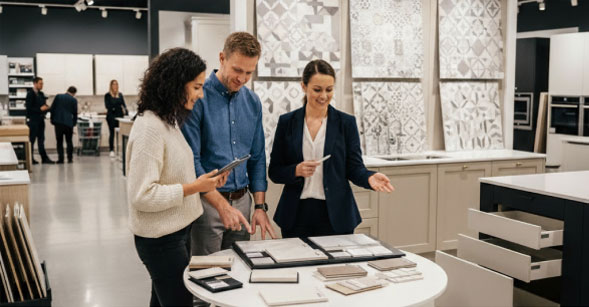 Client showroom choix cuisine et matériaux équipements